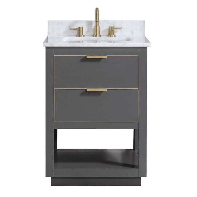 Avanity ALLIE-VS25-TGG-C Allie 25 Inch Vanity In Twilight Gray With Gold Trim And Carrara White Marble Top