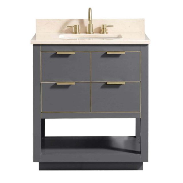 Avanity ALLIE-VS31-TGG-D Allie 31 Inch Vanity In Twilight Gray With Gold Trim And Crema Marfil Marble Top