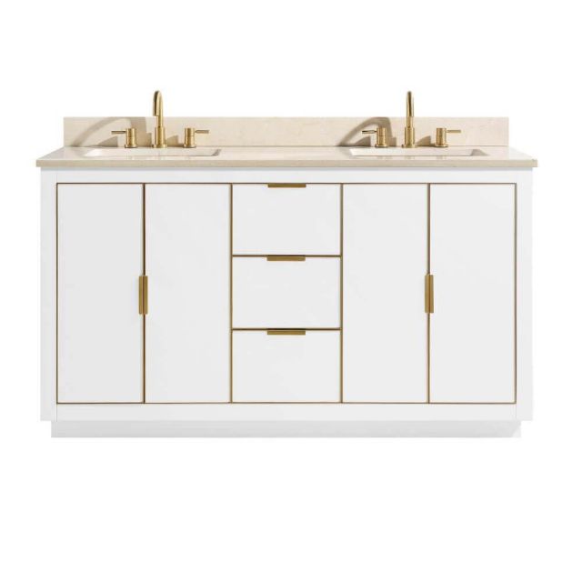 Avanity AUSTEN-VS61-WTG-D Austen 61 inch Vanity Combo in White with Gold Trim and Crema Marfil Marble Top