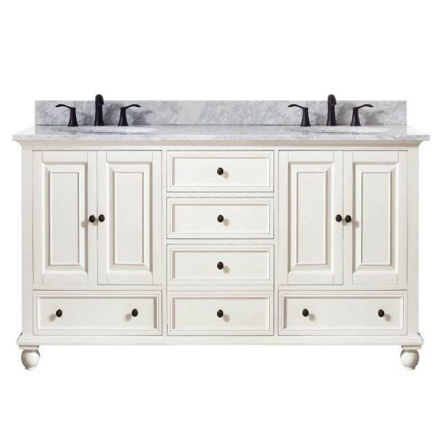 Avanity THOMPSON-VS60-FW-C Thompson 61 Inch Double Vanity In French White With Carrera White Marble Top