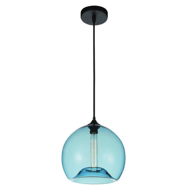 CWI Lighting 1 Light 12 inch Down Mini Pendant in Black with Blue Glass 5553P12- Blue