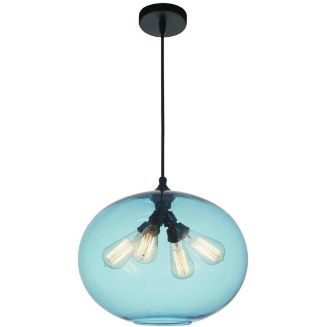 CWI Lighting 4 Light 16 inch Down Pendant in Black with Blue Glass 5553P16 -Blue