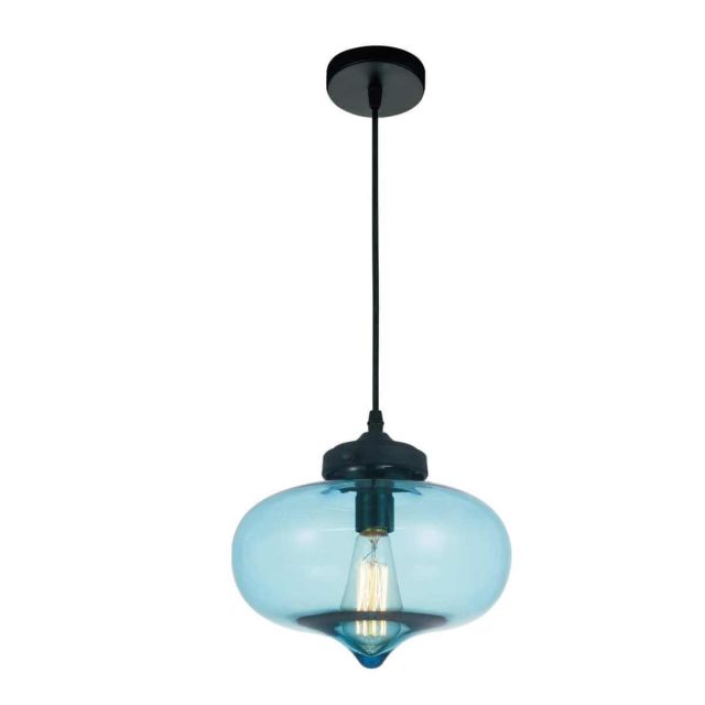 CWI Lighting 1 Light 11 inch Down Mini Pendant in Black with Blue Glass 5570P11 - Blue