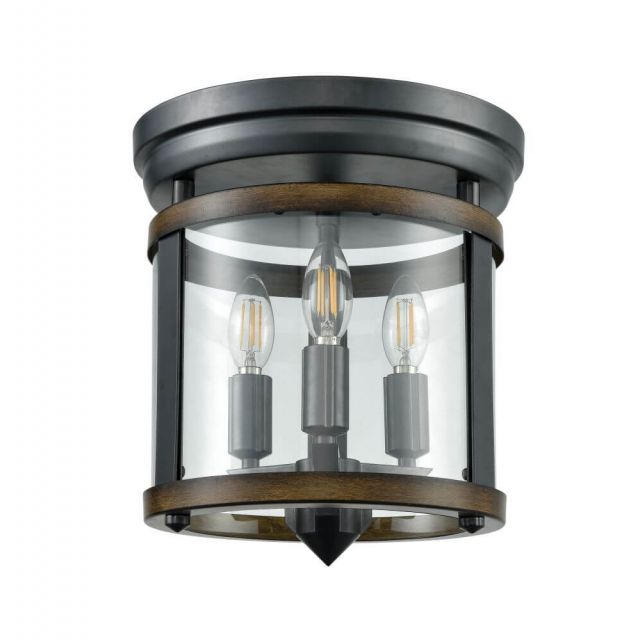DVI Lighting Niagara 3 Light 12 Inch Flush Mount In Graphite And Iron Wood With Clear Glass DVP4432GR/IW