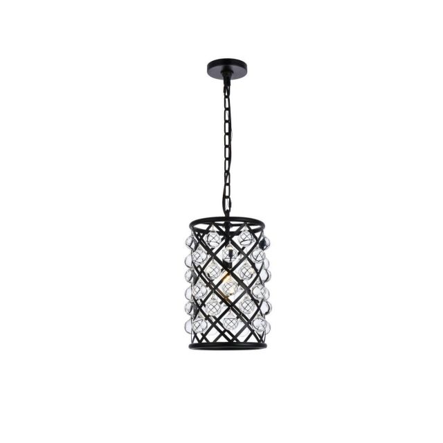 Elegant Lighting Madison 1 Light 8 Inch Pendant In Matte Black With Royal Cut Clear Crystal 1204D8MB/RC