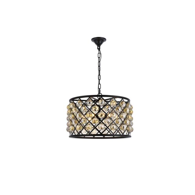 Elegant Lighting Madison 6 Light 20 Inch Pendant In Matte Black With Royal Cut Golden Teak Crystal 1206D20MB-GT/RC