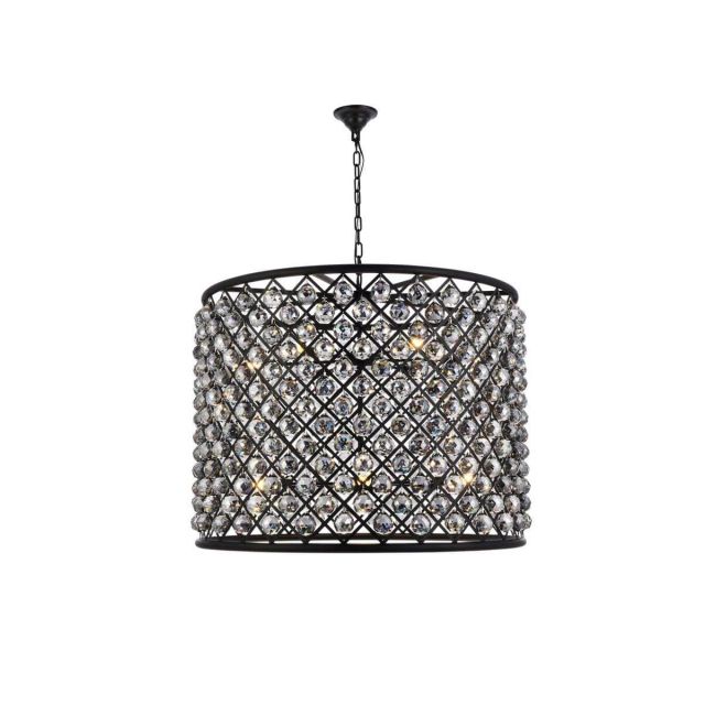 Elegant Lighting Madison 12 Light 36 Inch Crystal Chandelier In Matte Black With Royal Cut Silver Shade Grey Crystal 1206D35MB-SS/RC