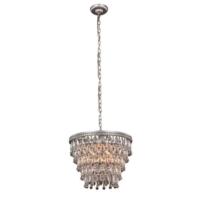 Elegant Lighting 1219D16AS/RC Nordic 4 Light 16 Inch Pendant In Antique Silver With Royal Cut Clear Crystal