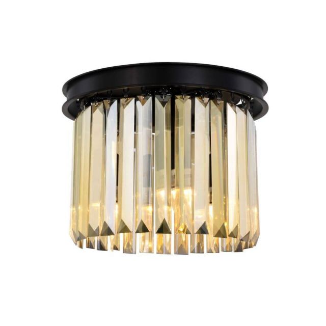 Elegant Lighting Sydney 3 Light 12 Inch Flush Mount In Matte Black With Royal Cut Golden Teak Crystal 1238F12MB-GT/RC