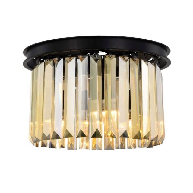 Elegant Lighting Sydney 3 Light 16 Inch Flush Mount In Matte Black With Royal Cut Golden Teak Crystal 1238F16MB-GT/RC