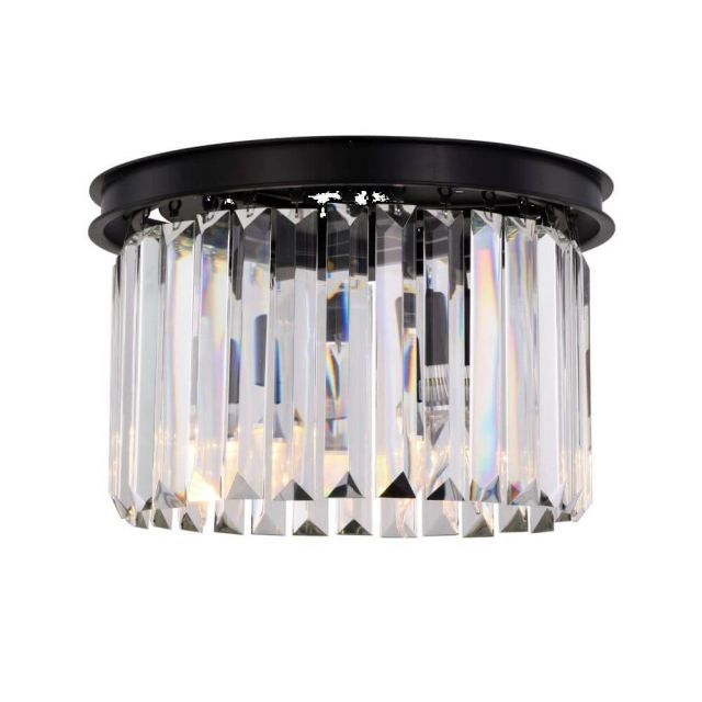 Elegant Lighting Sydney 3 Light 16 Inch Flush Mount In Matte Black With Royal Cut Clear Crystal 1238F16MB/RC