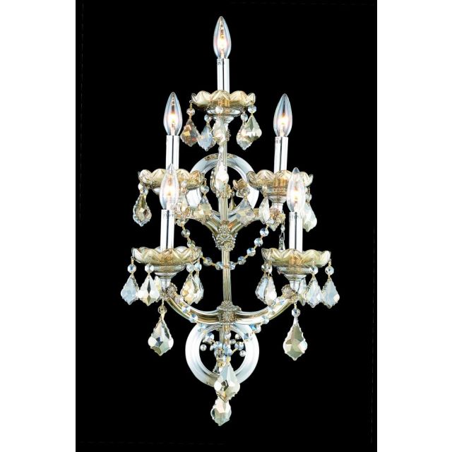 Elegant Lighting 2800W5GT-GT/RC Maria Theresa 5 Light 30 Inch Tall Crystal Wall Sconce In Golden Teak With Royal Cut Golden Teak