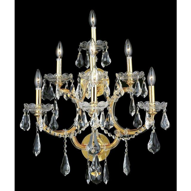 Elegant Lighting 2801W7G/RC Maria Theresa 7 Light 27 Inch Tall Wall Sconce In Gold With Royal Cut Clear Crystal