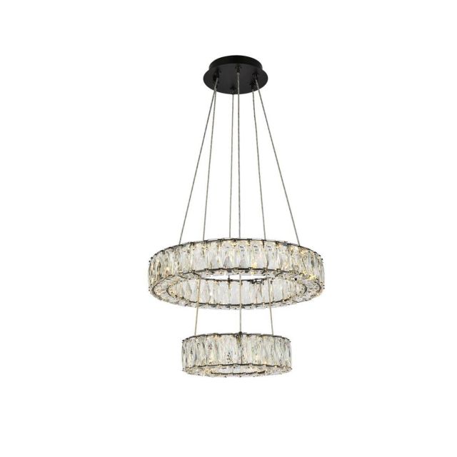 Elegant Lighting Monroe 2 Light 18 inch LED Round Double Ring Pendant in Black with Clear Crystal 3503G18BK