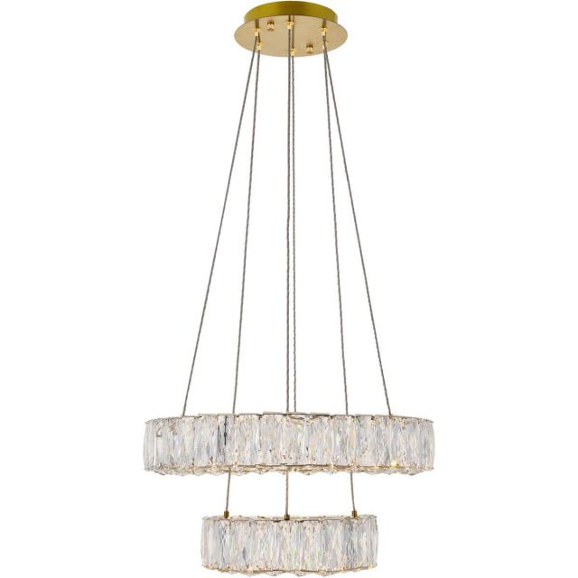 Elegant Lighting 3503G18G Monroe 2 Light 18 Inch LED Crystal Pendant in Gold with Clear Royal Cut Crystal