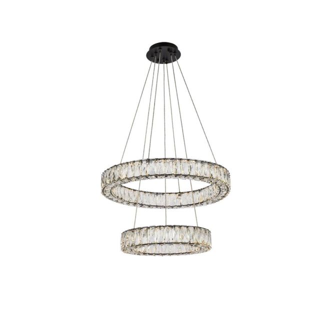Elegant Lighting Monroe 2 Light 24 inch LED Round Double Ring Pendant in Black with Clear Crystal 3503G24BK