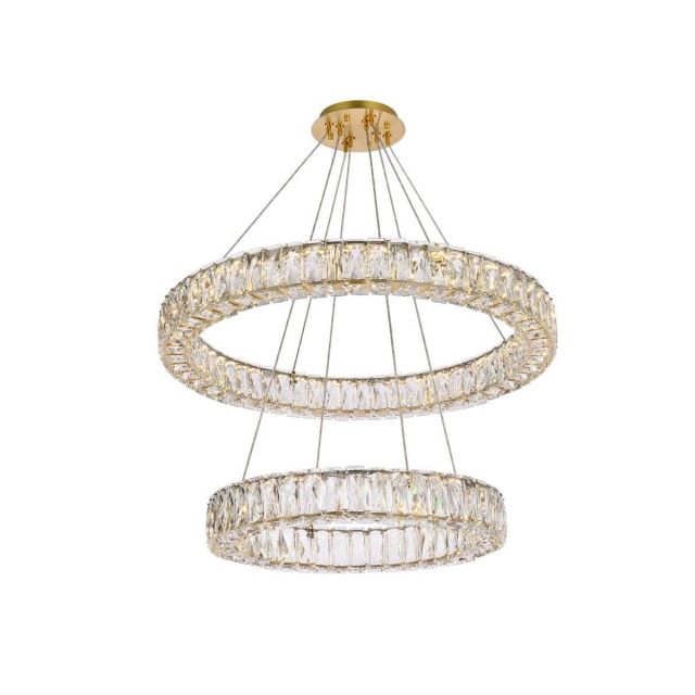 Elegant Lighting 3503G28G Monroe 2 Light 28 inch Double Ring LED Chandelier in Gold with Clear Crystal