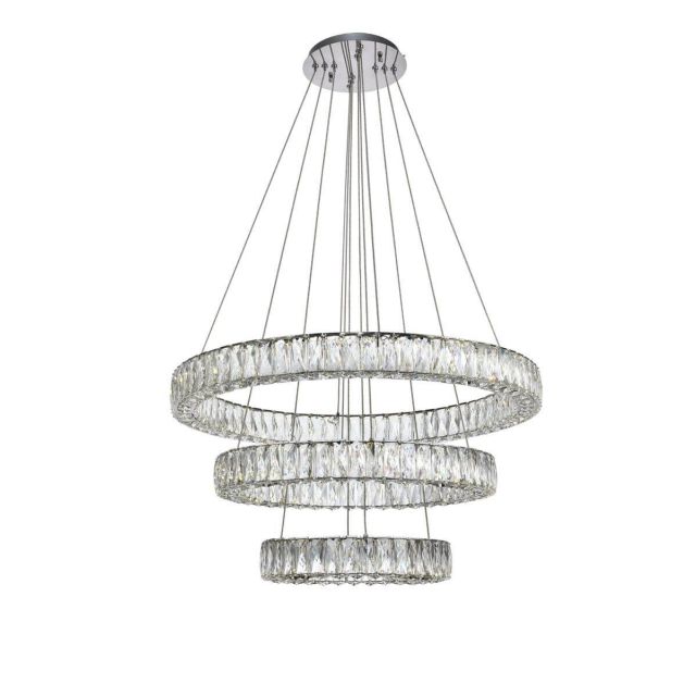 Elegant Lighting 3503G3LC Monroe 32 Inch 3 Tier LED Chandelier in Chrome with Royal Cut Clear Crystal