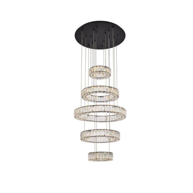 Elegant Lighting Monroe 5 Light 25 inch Five Ring LED Chandelier in Black with Clear Crystal 3503G5LBK