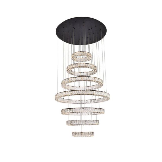 Elegant Lighting Monroe 7 Light 40 inch Seven Ring LED Chandelier in Black with Clear Crystal 3503G7LBK