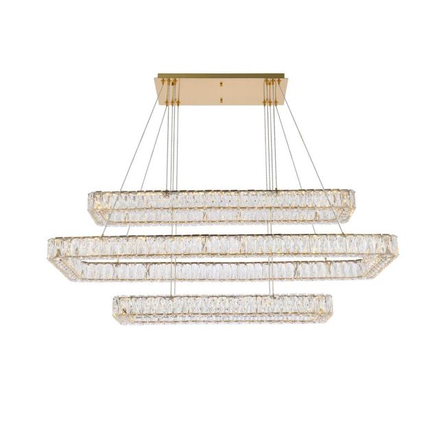 Elegant Lighting 3504G50L3G Monroe 3 Light 50 inch LED Triple Rectangle Pendant in Gold with Clear Crystal