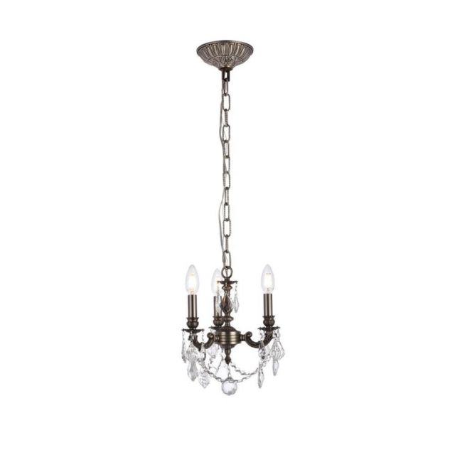 Elegant Lighting 9103D10PW/RC Lillie 3 Light 10 Inch Pendant In Pewter With Royal Cut Clear Crystal