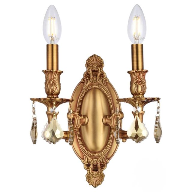 Elegant Lighting Rosalia 2 Light 11 Inch Tall Wall Sconce In French Gold With Royal Cut Golden Teak Crystal 9202W9FG-GT/RC