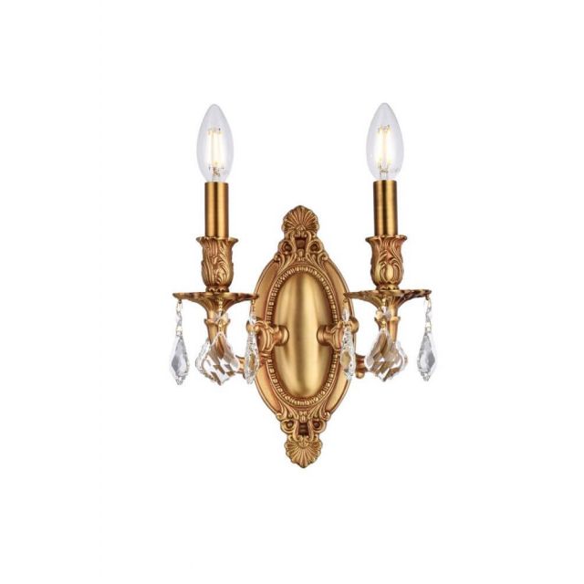 Elegant Lighting Rosalia 2 Light 11 Inch Tall Wall Sconce In French Gold With Royal Cut Clear Crystal 9202W9FG/RC