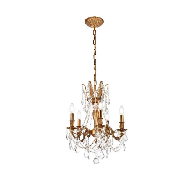 Elegant Lighting 9205D18FG/RC Rosalia 5 Light 18 Inch Pendant In French Gold With Royal Cut Clear Crystal