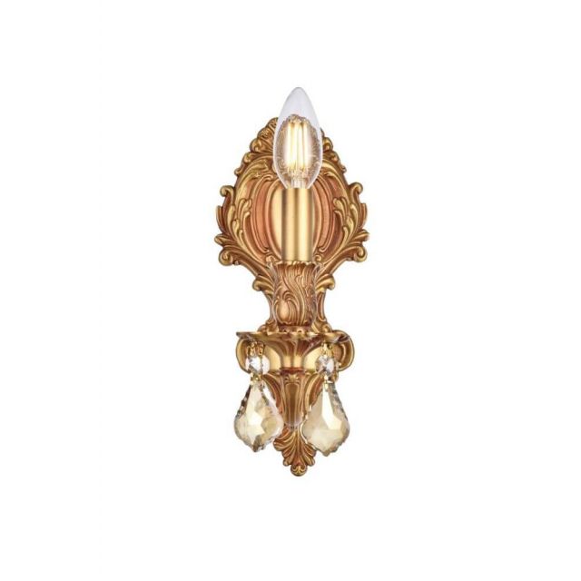 Elegant Lighting 9601W5FG-GT/RC Monarch 1 Light 12 Inch Tall Wall Sconce In French Gold With Royal Cut Golden Teak Crystal