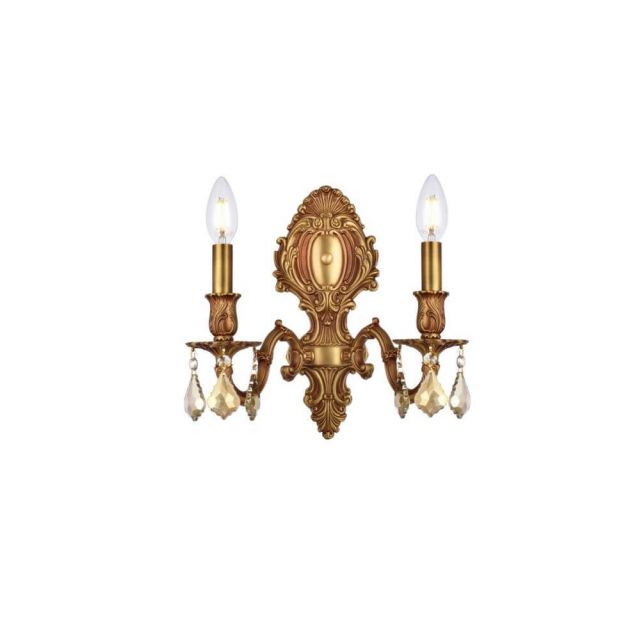 Elegant Lighting 9602W10FG-GT/RC Monarch 2 Light 12 Inch Tall Wall Sconce In French Gold With Royal Cut Golden Teak Crystal