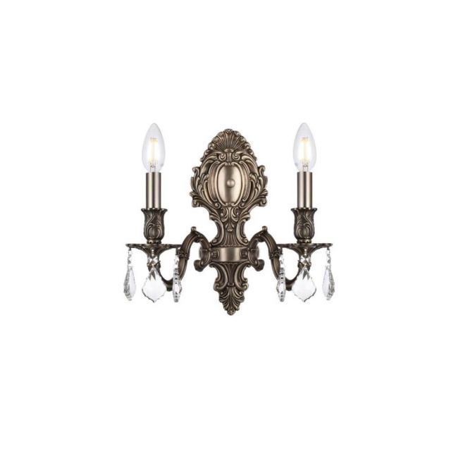 Elegant Lighting 9602W10PW/RC Monarch 2 Light 12 Inch Tall Wall Sconce In Pewter With Royal Cut Clear Crystal