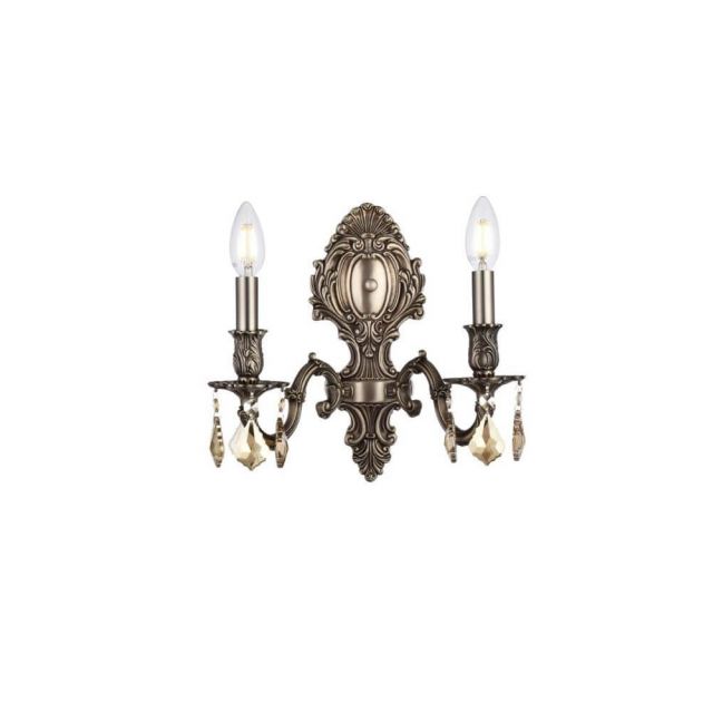 Elegant Lighting 9602W10PW-GT/RC Monarch 2 Light 12 Inch Tall Wall Sconce In Pewter With Royal Cut Golden Teak Crystal