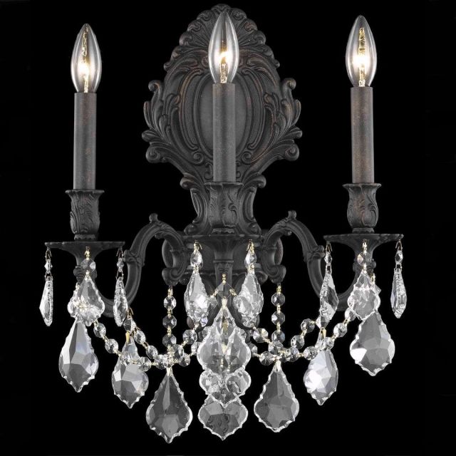 Elegant Lighting 9603W14DB/RC Monarch 3 Light 18 Inch Tall Wall Sconce In Dark Bronze With Royal Cut Clear Crystal