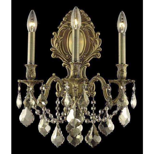 Elegant Lighting 9603W14FG-GT/RC Monarch 3 Light 18 Inch Tall Wall Sconce In French Gold With Royal Cut Golden Teak Crystal
