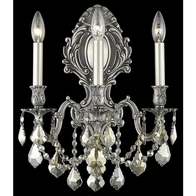 Elegant Lighting 9603W14PW-GT/RC Monarch 3 Light 18 Inch Tall Wall Sconce In Pewter With Royal Cut Golden Teak Crystal