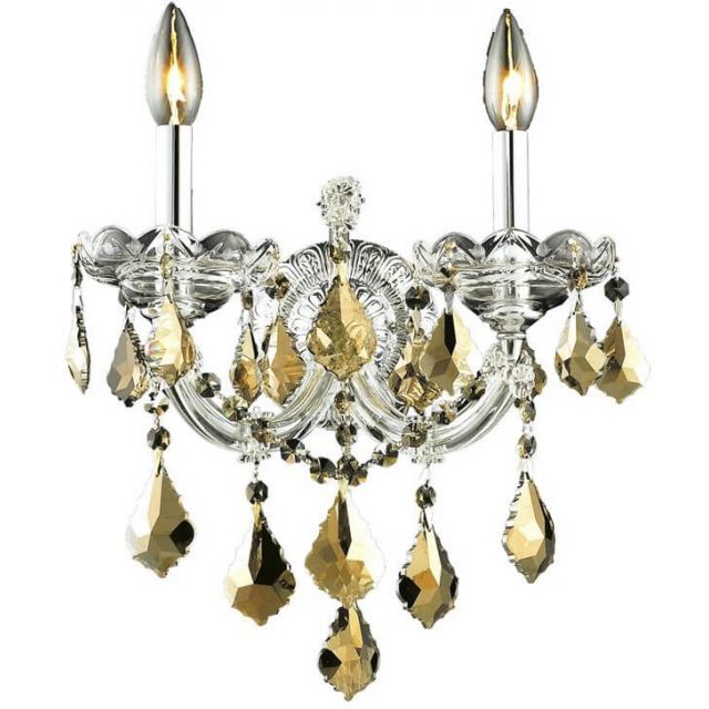 Elegant Lighting Maria Theresa 2 Light 16 Inch Tall Wall Sconce In Chrome With Royal Cut Golden Teak Crystal 2800W2C-GT/RC