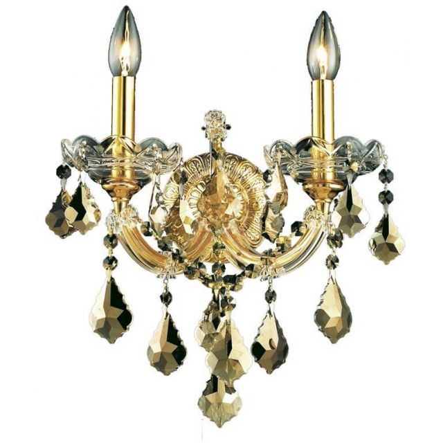 Elegant Lighting Maria Theresa 2 Light 16 Inch Tall Wall Sconce In Gold With Royal Cut Golden Teak Crystal 2800W2G-GT/RC