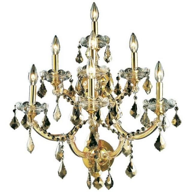 Elegant Lighting 2800W7G-GT/RC Maria Theresa 7 Light 27 Inch Tall Wall Sconce In Gold With Royal Cut Golden Teak Crystal