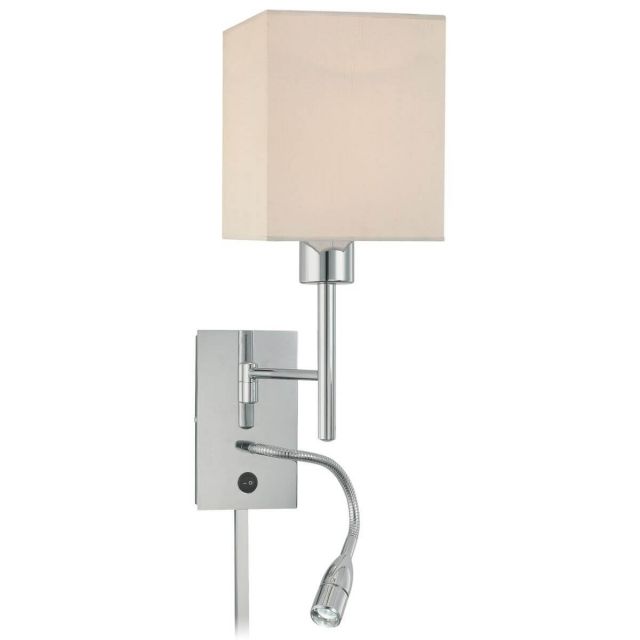 George Kovacs P477-077 Georges Reading Room 2 Light 20 inch Tall LED Swing Arm Wall Lamp in Chrome with Reading Light and White Fabric Shade