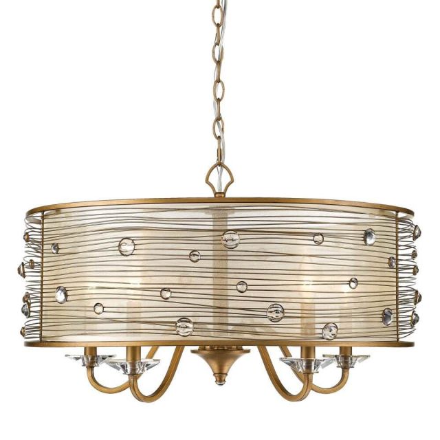 Golden Lighting Joia 5 Light 26 Inch Chandelier In Peruvian Gold With A Sheer Filigree Mist Shade And Leaded Crystal Accents 1993-5 PG