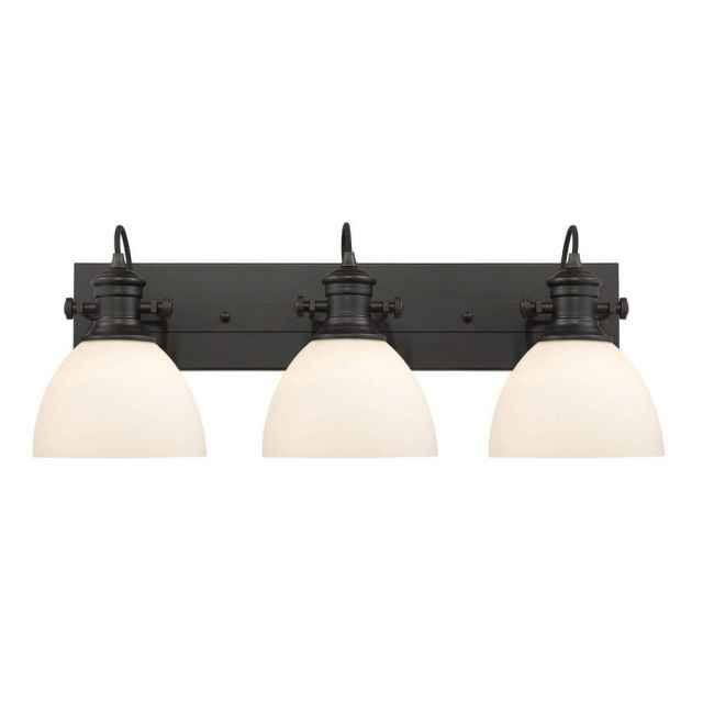 Golden Lighting Hines 3 Light 25 Inch Bath Vanity Light Convertible to Ceiling Mount in Rubbed Bronze with Opal Glass 3118-BA3 RBZ-OP