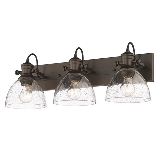 Golden Lighting Hines 3 Light 25 Inch Bath Vanity Light Convertible to Ceiling Mount in Rubbed Bronze with Seeded Glass 3118-BA3 RBZ-SD