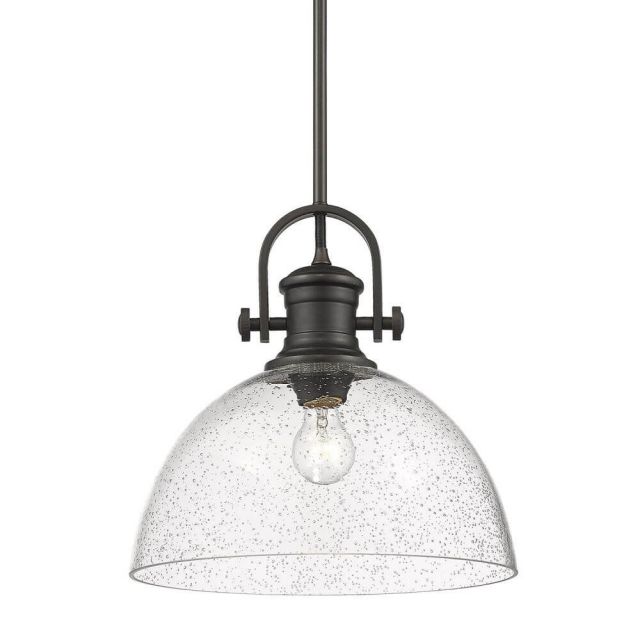 Golden Lighting 3118-L RBZ-SD Hines 1 Light 14 Inch Pendant in Rubbed Bronze with Seeded Glass