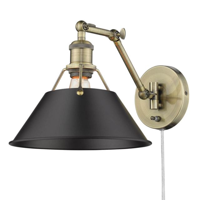 Golden Lighting 3306-A1W AB-BLK Orwell 1 Light 9 Inch Tall Articulating Wall Sconce in Aged Brass with Matte Black Shade