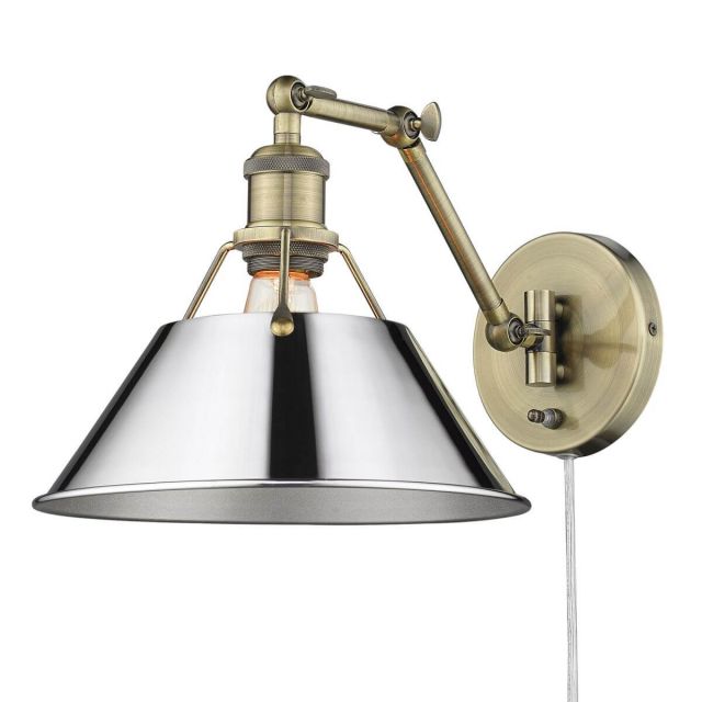 Golden Lighting 3306-A1W AB-CH Orwell 1 Light 9 Inch Tall Articulating Wall Sconce in Aged Brass with Chrome Shade