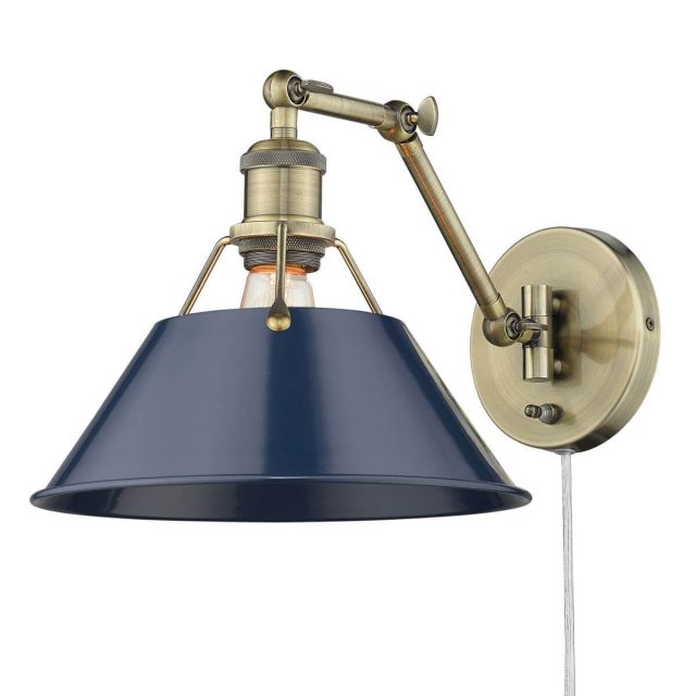 Golden Lighting Orwell 1 Light 9 Inch Tall Articulating Wall Sconce in Aged Brass with Navy Blue Shade 3306-A1W AB-NVY