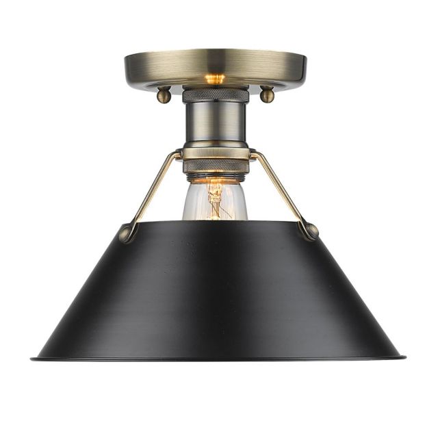 Golden Lighting Orwell 1 Light 10 Inch Flush Mount In Aged Brass With Black Shade 3306-FM AB-BLK