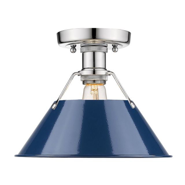 Golden Lighting 3306-FM CH-NVY Orwell CH 1 Light 10 Inch Flush Mount in Chrome with Navy Blue Shade