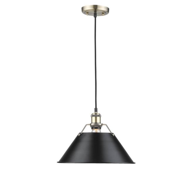 Golden Lighting 3306-L AB-BLK Orwell 1 Light 14 Inch Pendant In Aged Brass With Black Shade
